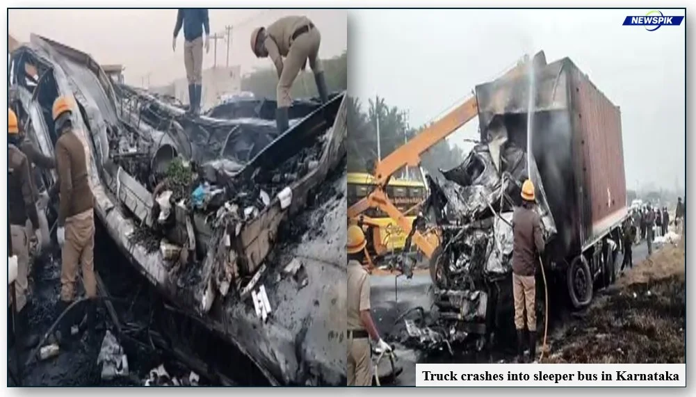 Truck crashes into sleeper bus in karnataka